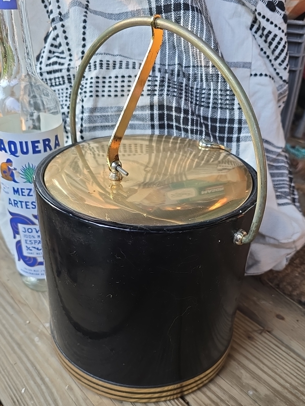 Vintage MCM 1960s Bar Ice Bucket Kraftware Black + Brass Stay Open Bail Handle